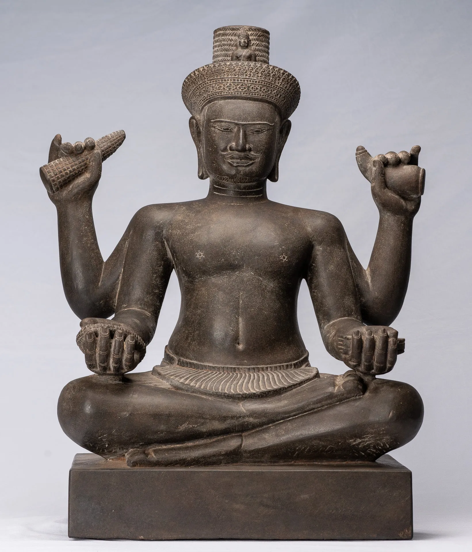 Antique Khmer Style Stone Koh Ker Seated Bodhisattva Avalokitesvara Statue - 62cm/25"