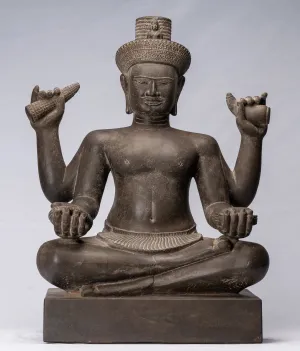 Antique Khmer Style Stone Koh Ker Seated Bodhisattva Avalokitesvara Statue - 62cm/25"