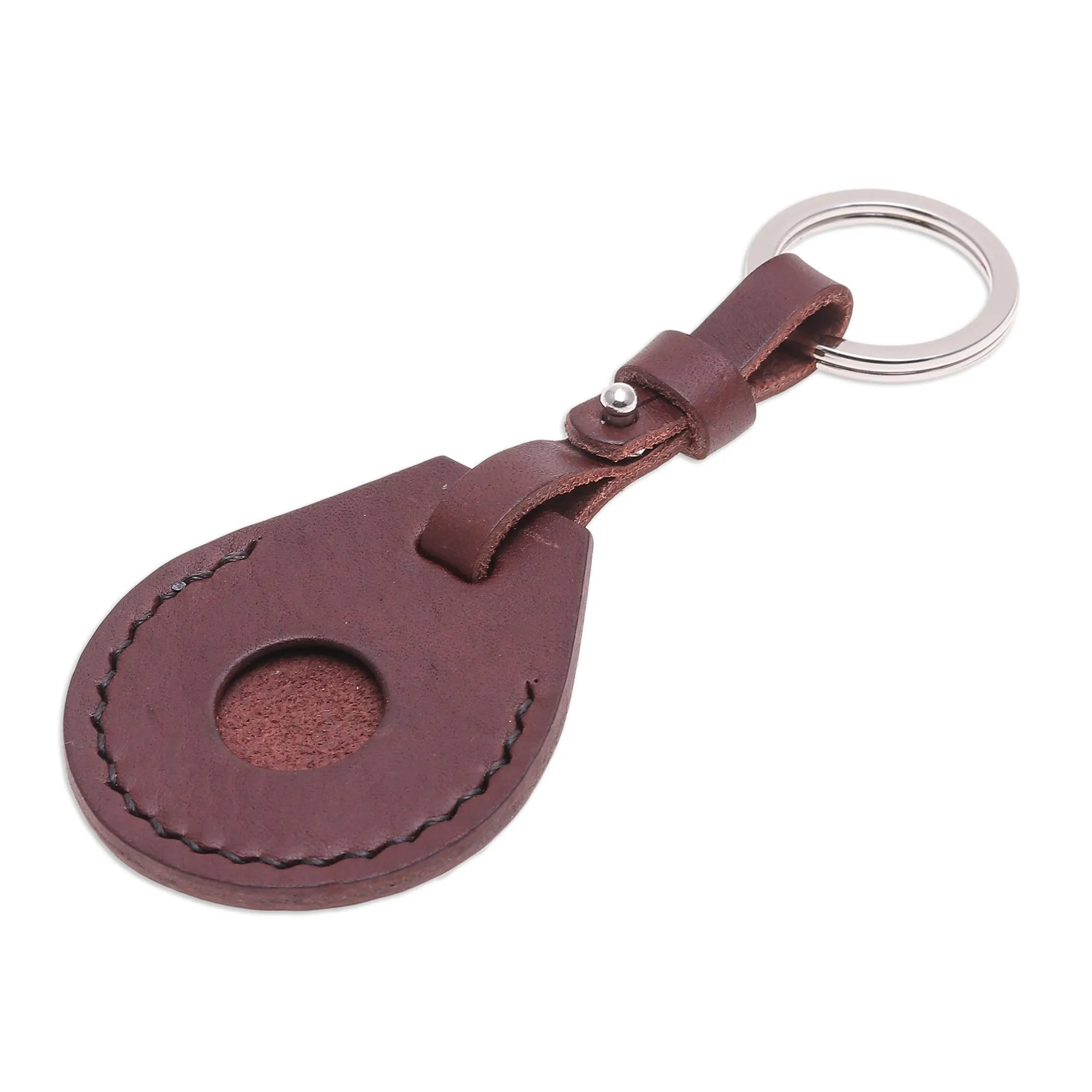 Artisan Crafted Genuine Leather Air Tag Holder with Keyring - Smart Security in Brown | NOVICA