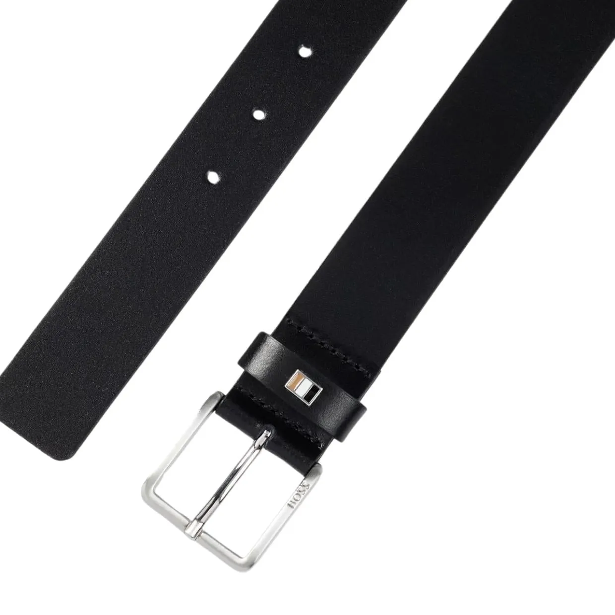 BOSS Signature Stripe Flag Italian Black Leather Belt