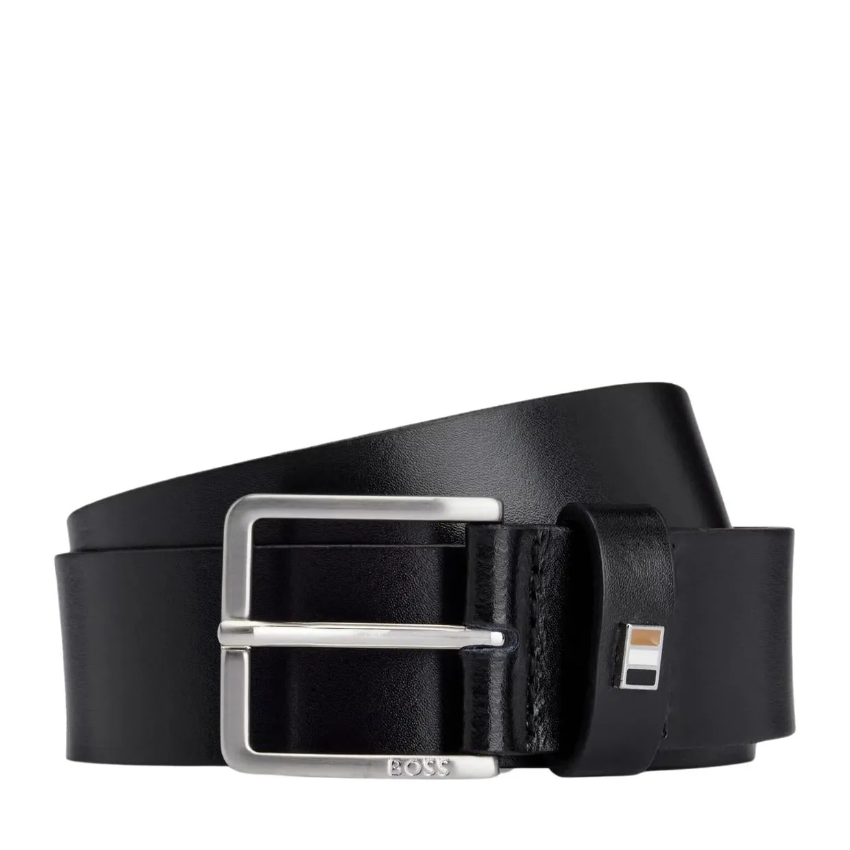 BOSS Signature Stripe Flag Italian Black Leather Belt